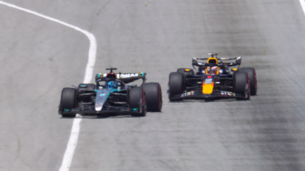 2024 Spanish Grand Prix: Verstappen goes round the outside of Russell at Turn 1 to take the lead